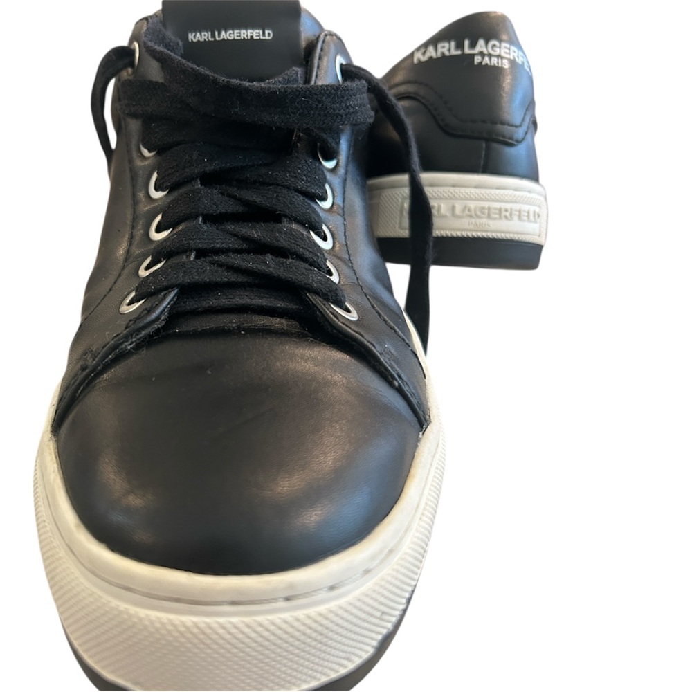 Karl Lagerfeld Paris Italian Luxury Leather Lace Up Sneakers Black White Sz 7.5